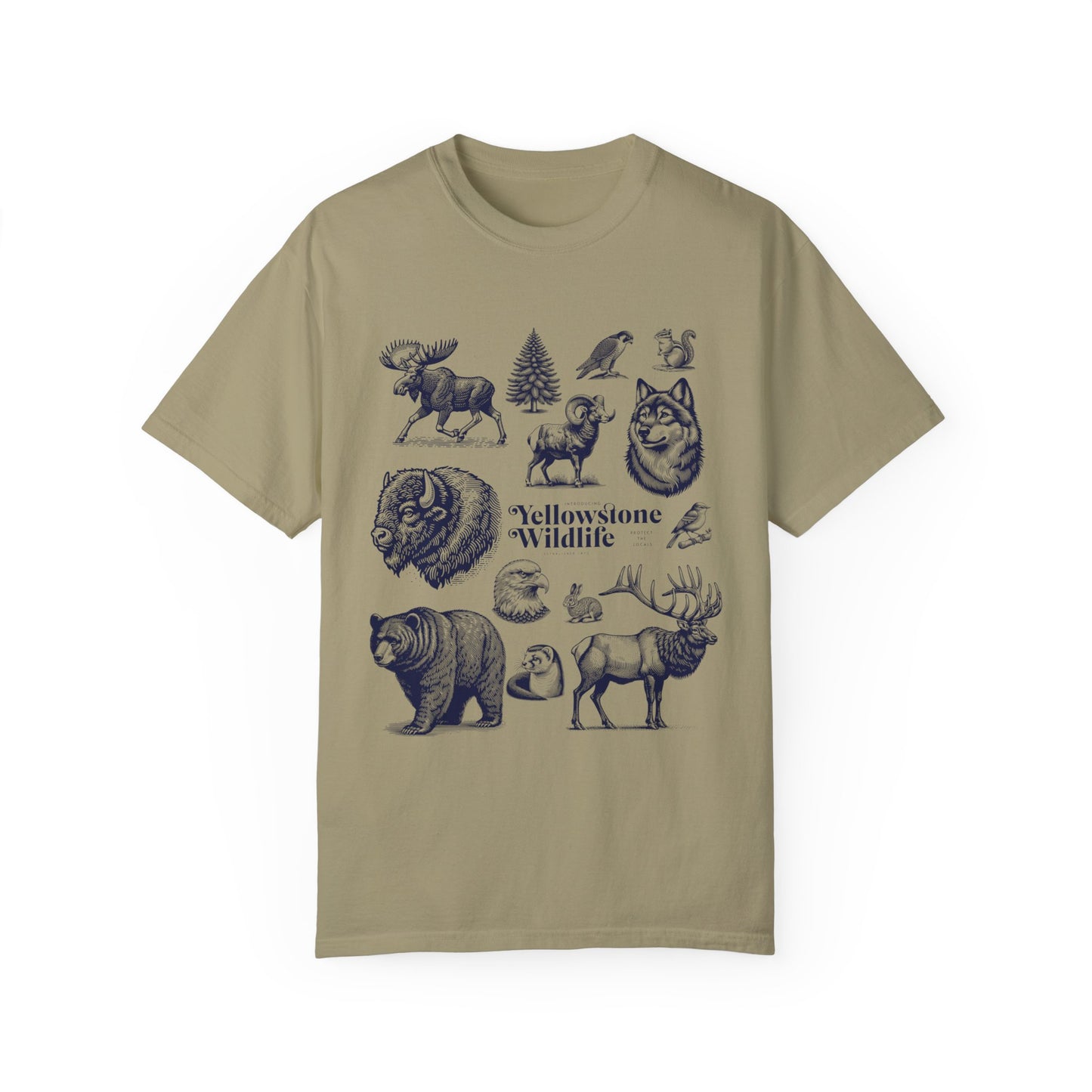 A soft garment-dyed t-shirt featuring vintage illustrations of Yellowstone wildlife including a bear, elk, wolf, and eagle.