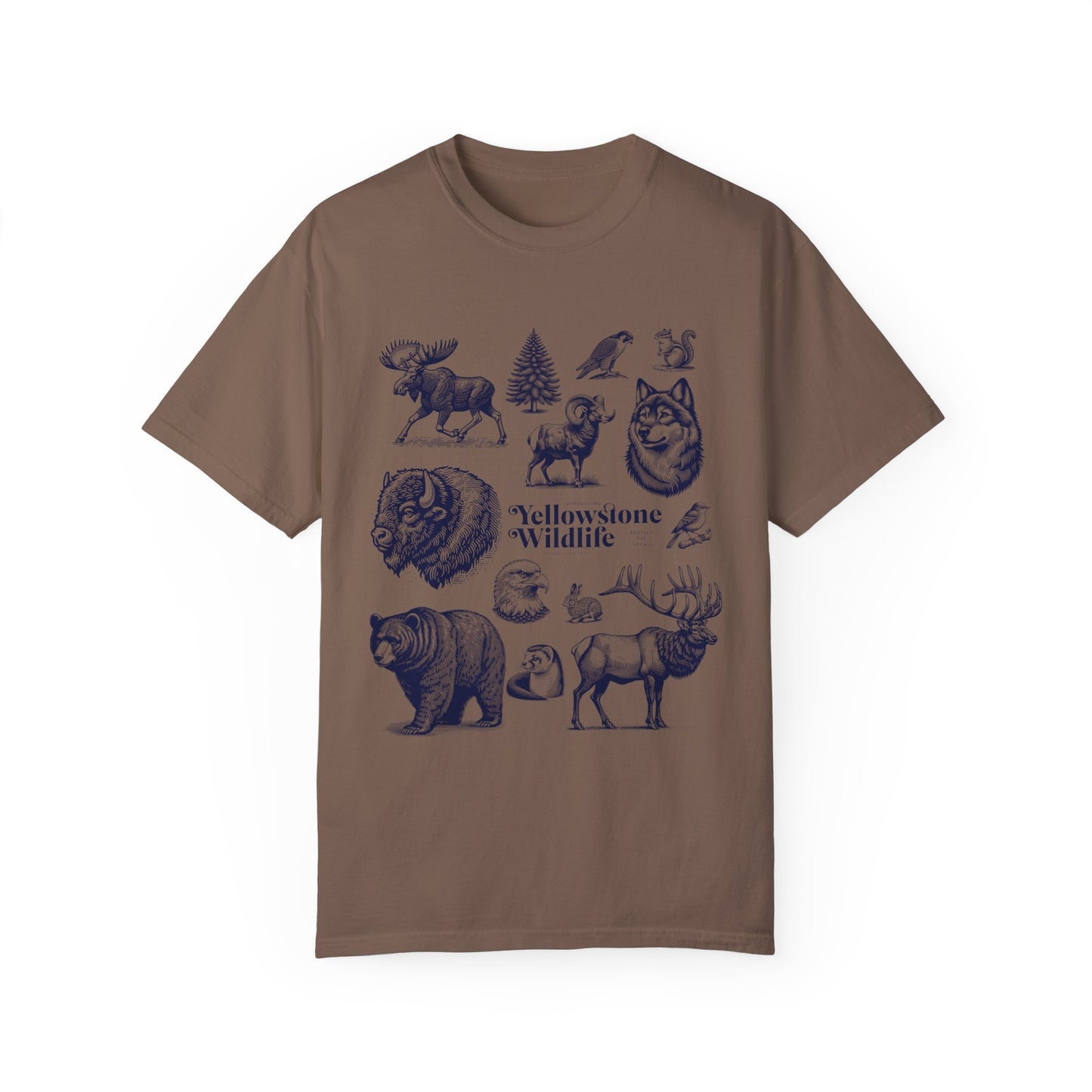 A soft garment-dyed t-shirt featuring vintage illustrations of Yellowstone wildlife including a bear, elk, wolf, and eagle.