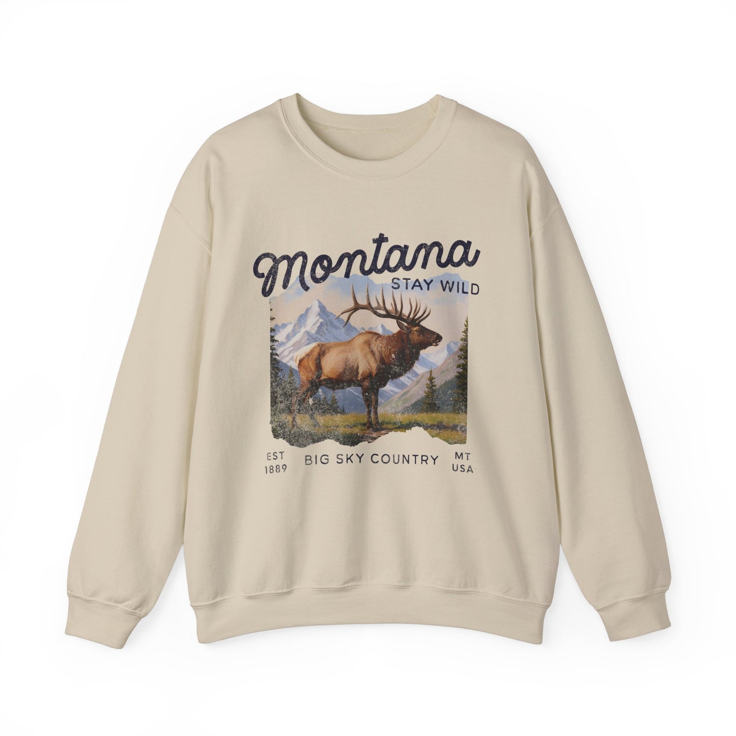 Vintage-style sweatshirt featuring a Montana elk graphic with mountain scenery and “Stay Wild” and “Big Sky Country” text.