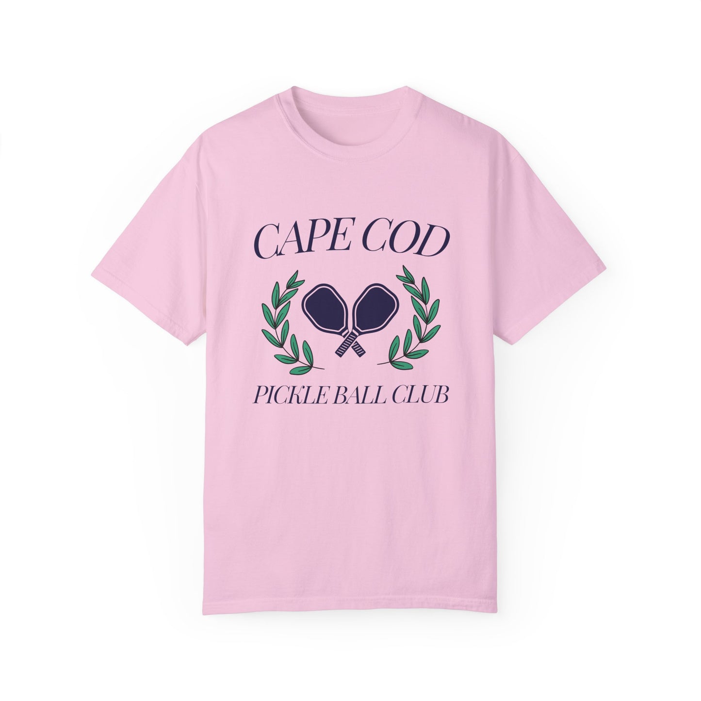 Comfort Colors Cape Cod Pickleball Club t-shirt with paddle and laurel design – unisex coastal tee for pickleball enthusiasts, available S–4XL.