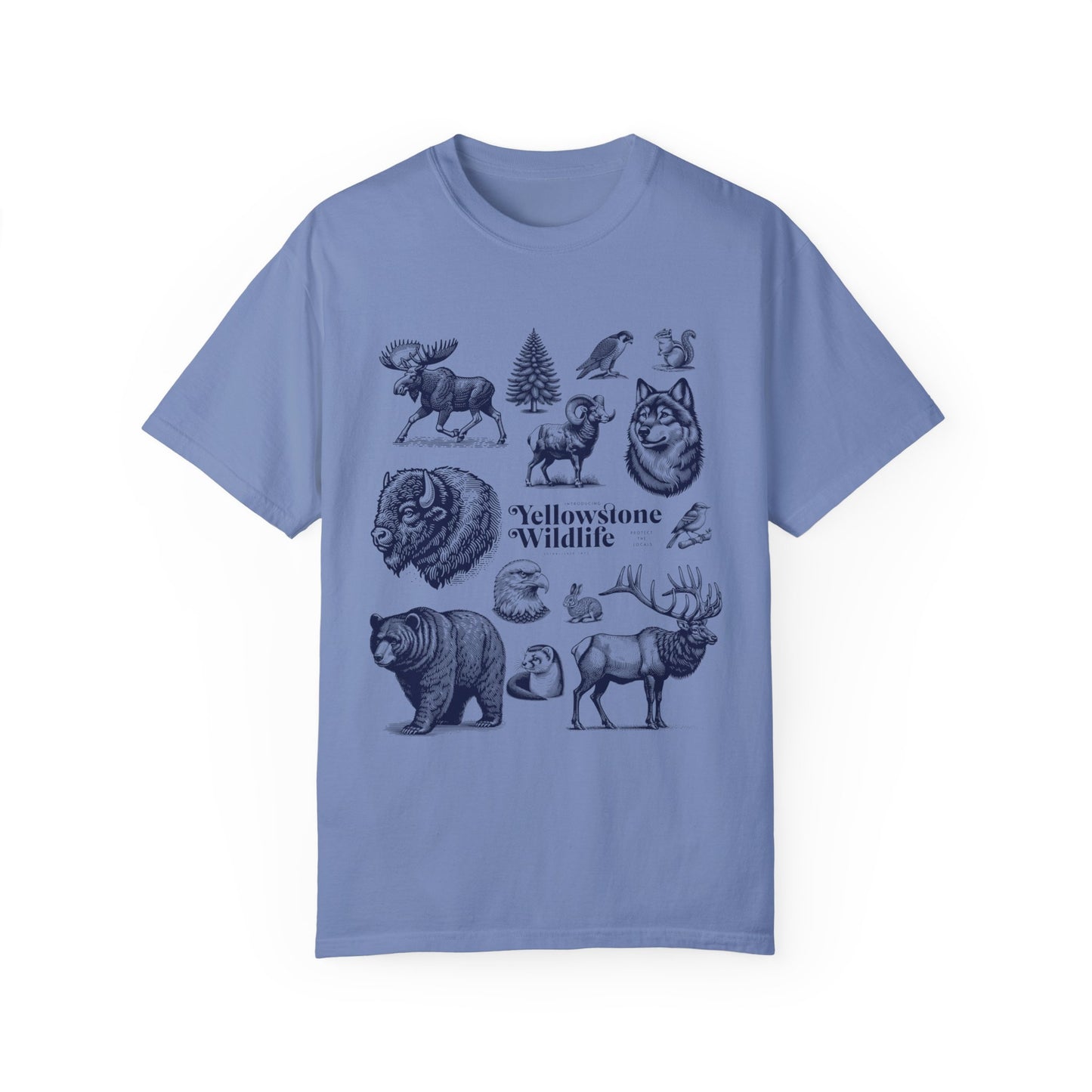 A soft garment-dyed t-shirt featuring vintage illustrations of Yellowstone wildlife including a bear, elk, wolf, and eagle.