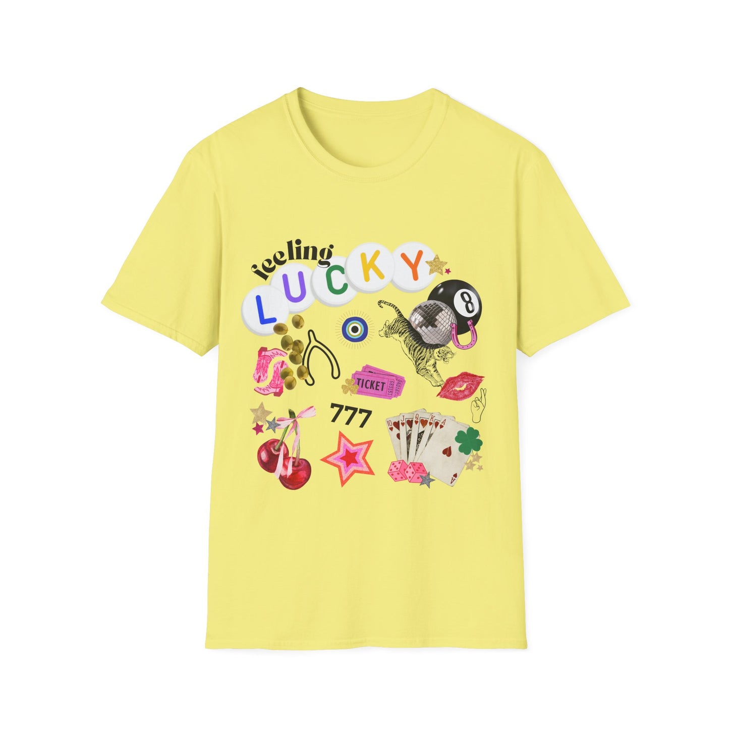 Feeling Lucky collage graphic t-shirt with retro-inspired icons – includes 8-ball, cherries, dice, lips, tiger, and stars. Gildan 6400 tee in trendy preppy Y2K style.