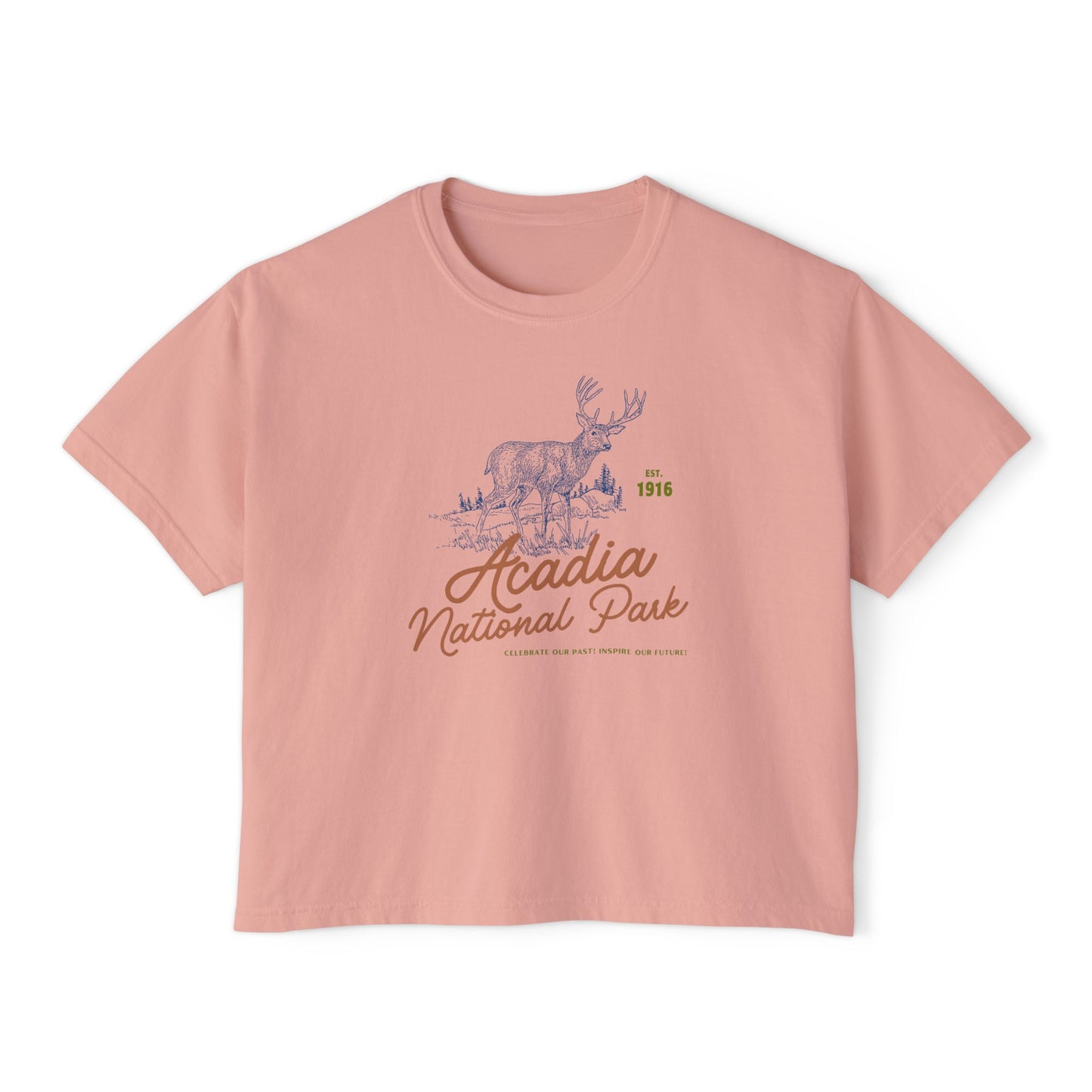 Acadia National Park cropped t-shirt with moose and forest illustration – granola girl aesthetic Comfort Colors tee.