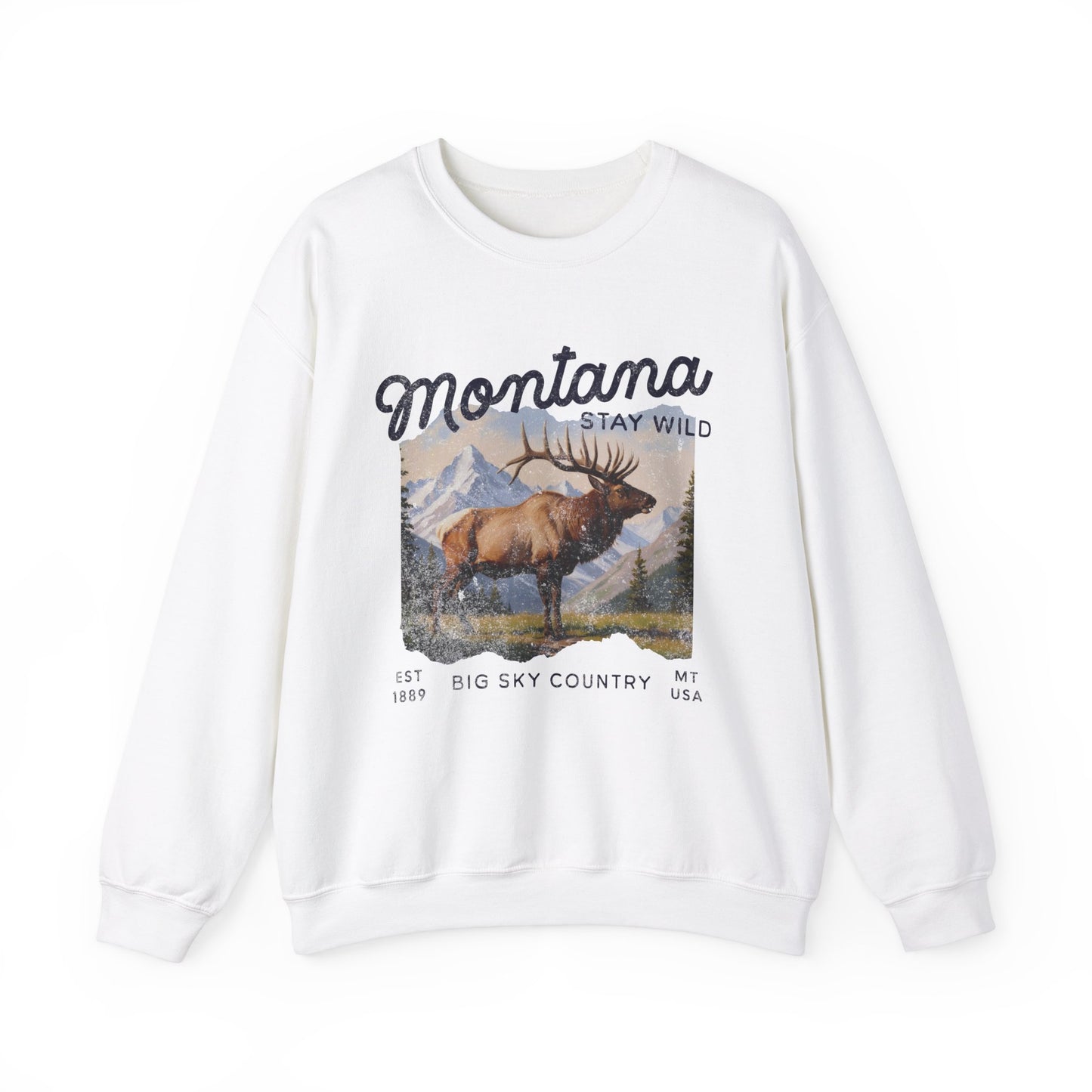 Vintage-style sweatshirt featuring a Montana elk graphic with mountain scenery and “Stay Wild” and “Big Sky Country” text.