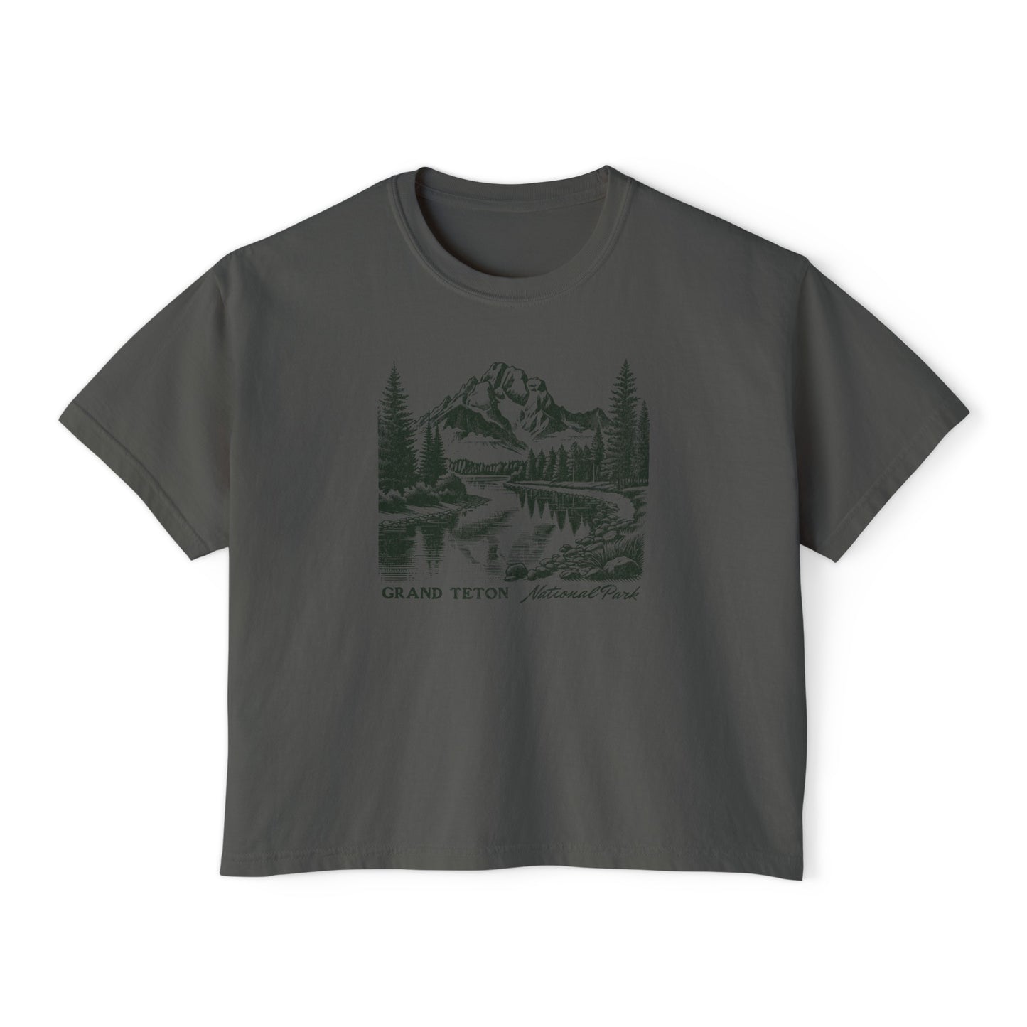 Vintage Inspired Mountain landscape graphic on a comfort colors boxy cropped tee that reads Grand Teton National Park