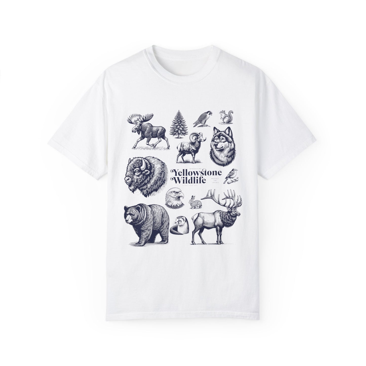 A soft garment-dyed t-shirt featuring vintage illustrations of Yellowstone wildlife including a bear, elk, wolf, and eagle.