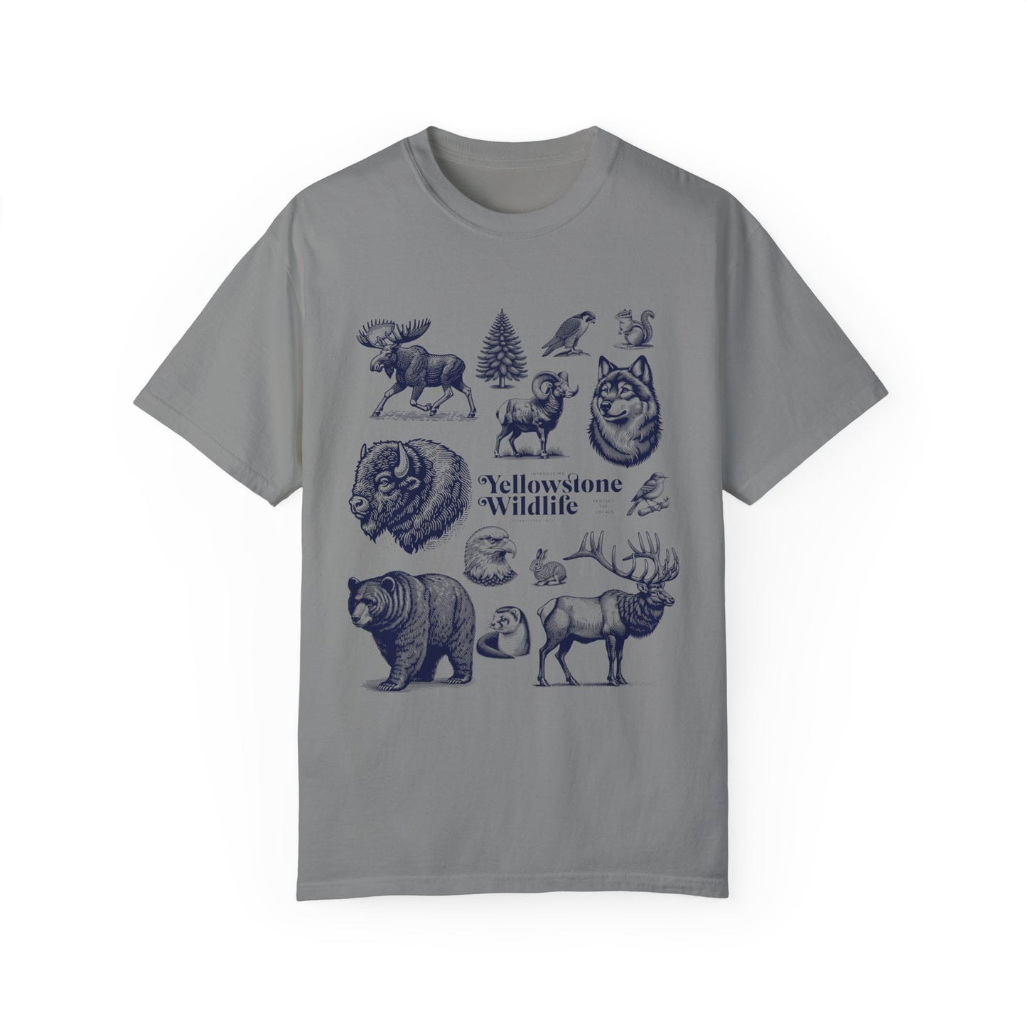 A soft garment-dyed t-shirt featuring vintage illustrations of Yellowstone wildlife including a bear, elk, wolf, and eagle.