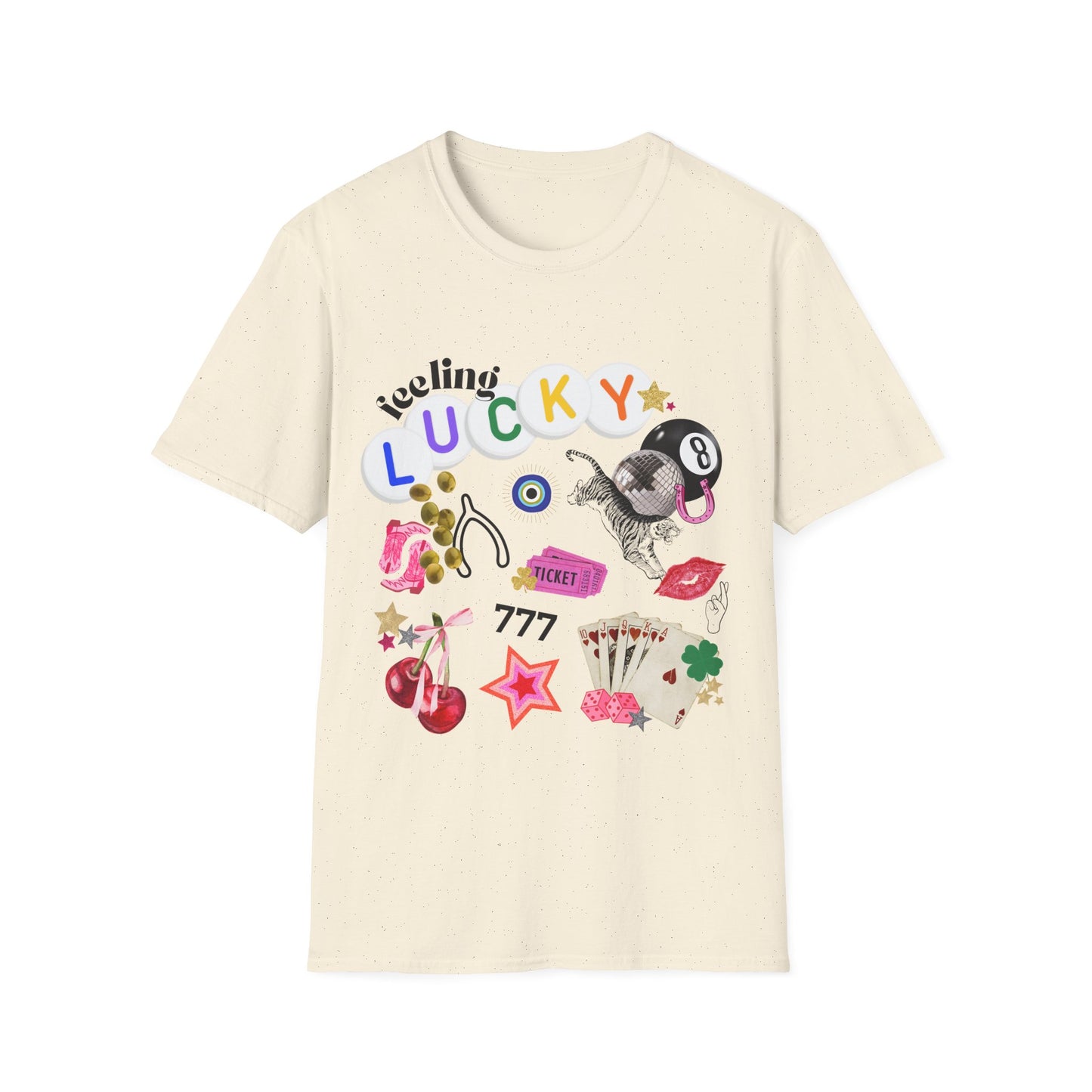 Feeling Lucky collage graphic t-shirt with retro-inspired icons – includes 8-ball, cherries, dice, lips, tiger, and stars. Gildan 6400 tee in trendy preppy Y2K style.