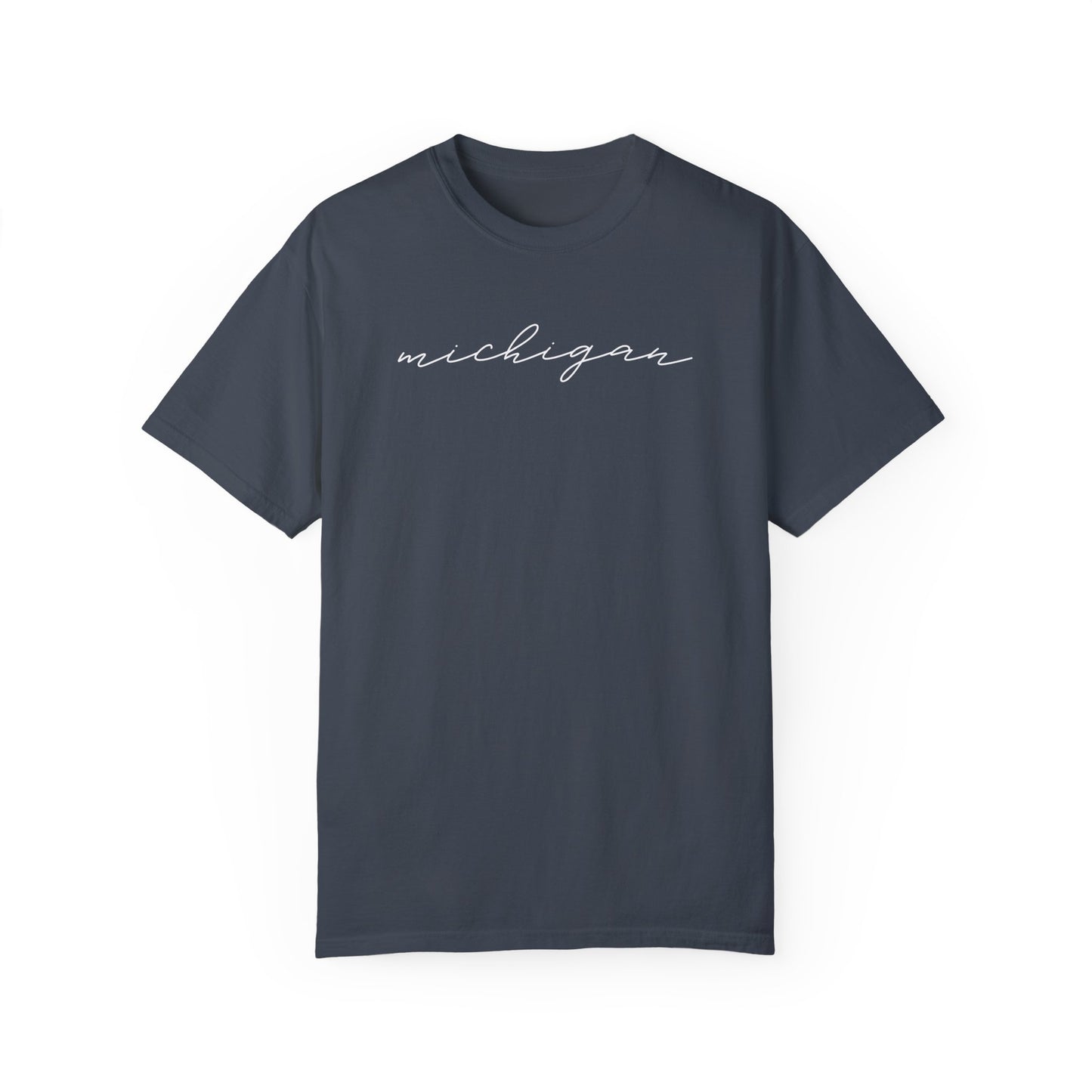 Comfort Colors Tshirt with a simple minimalist script font that reads michigan