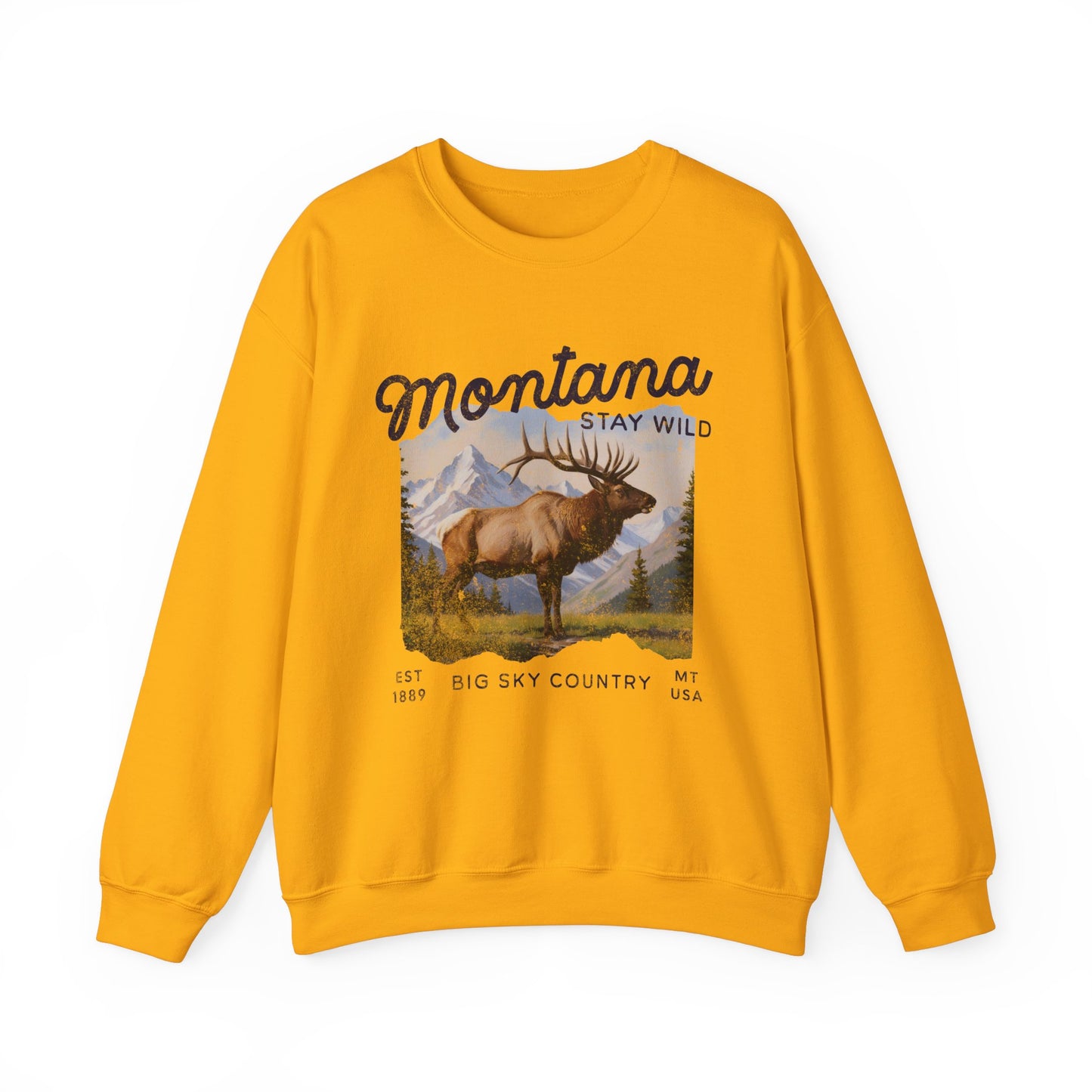 Vintage-style sweatshirt featuring a Montana elk graphic with mountain scenery and “Stay Wild” and “Big Sky Country” text.
