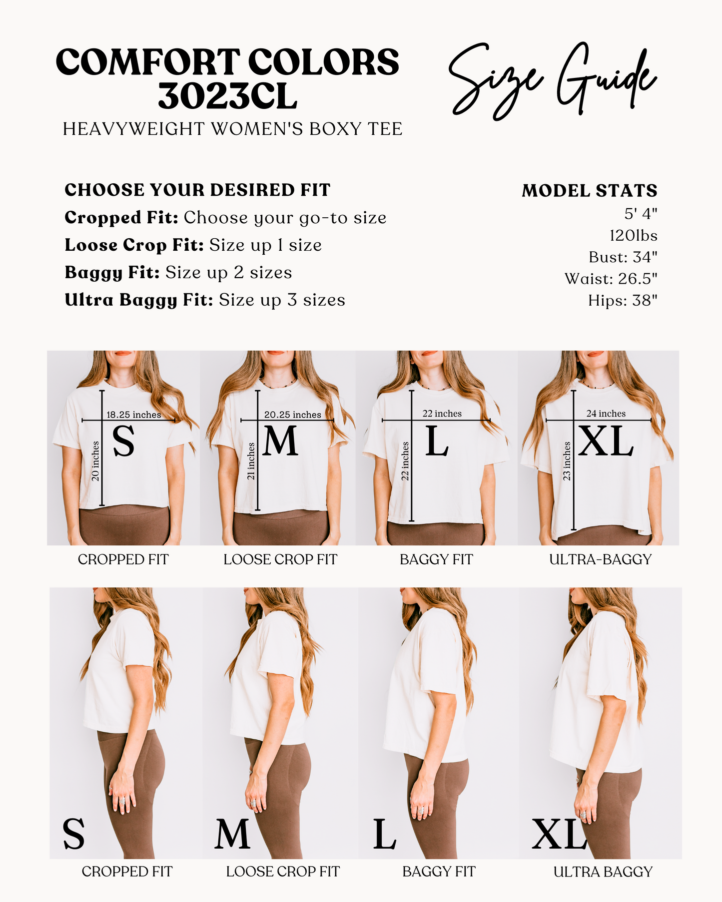 Comfort Colors 3023CL Boxy Tee Size Guide featuring a model wearing 4 sizes of the shirt from the front and the side view.