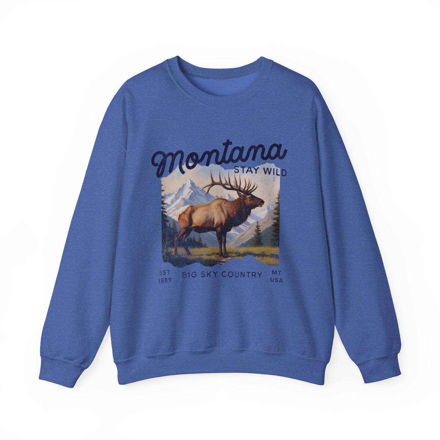 Vintage-style sweatshirt featuring a Montana elk graphic with mountain scenery and “Stay Wild” and “Big Sky Country” text.