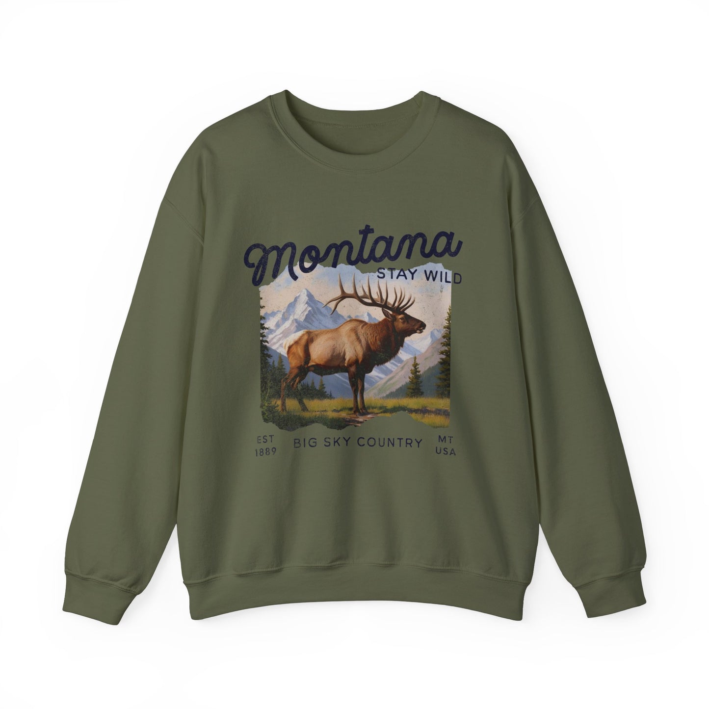 Vintage-style sweatshirt featuring a Montana elk graphic with mountain scenery and “Stay Wild” and “Big Sky Country” text.