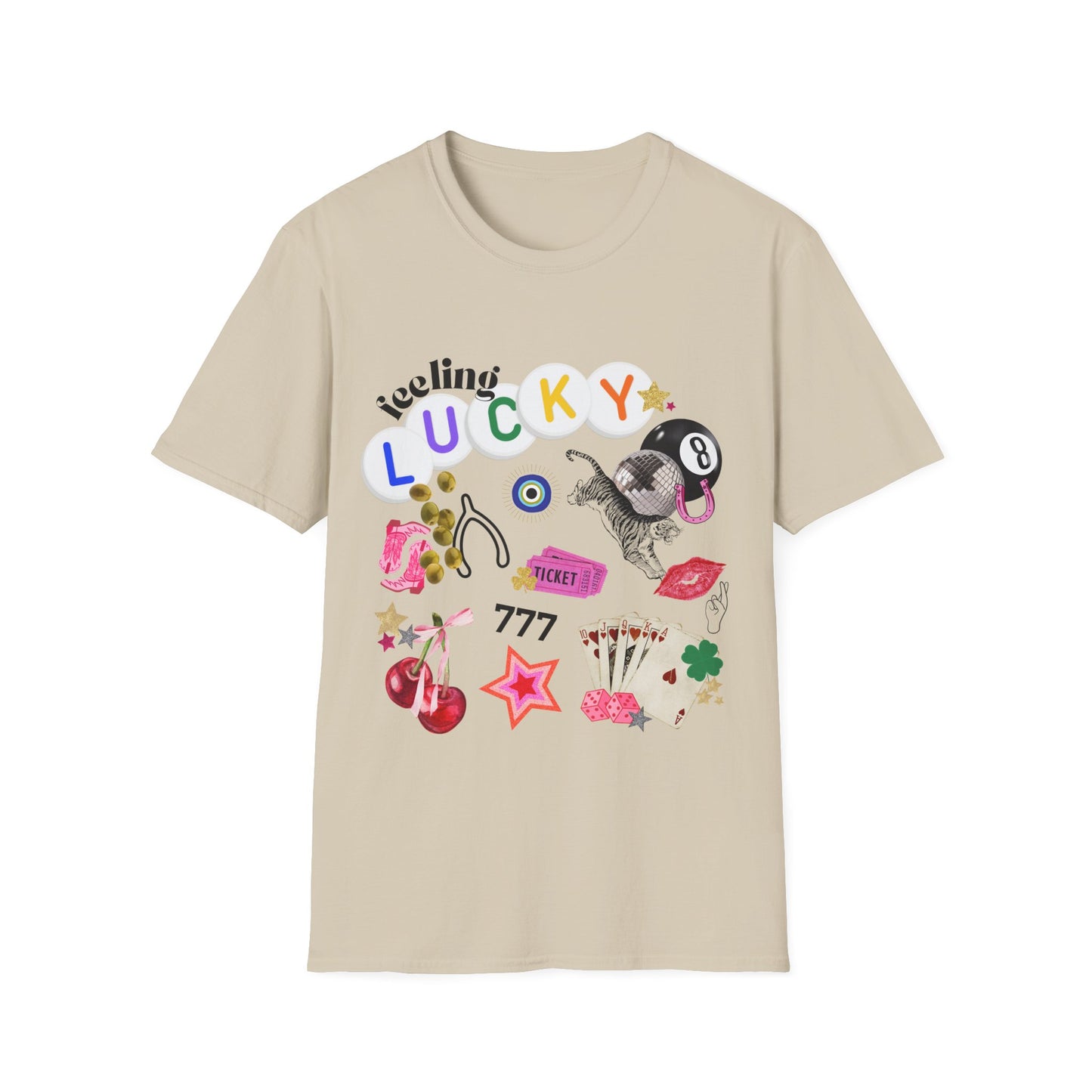 Feeling Lucky collage graphic t-shirt with retro-inspired icons – includes 8-ball, cherries, dice, lips, tiger, and stars. Gildan 6400 tee in trendy preppy Y2K style.