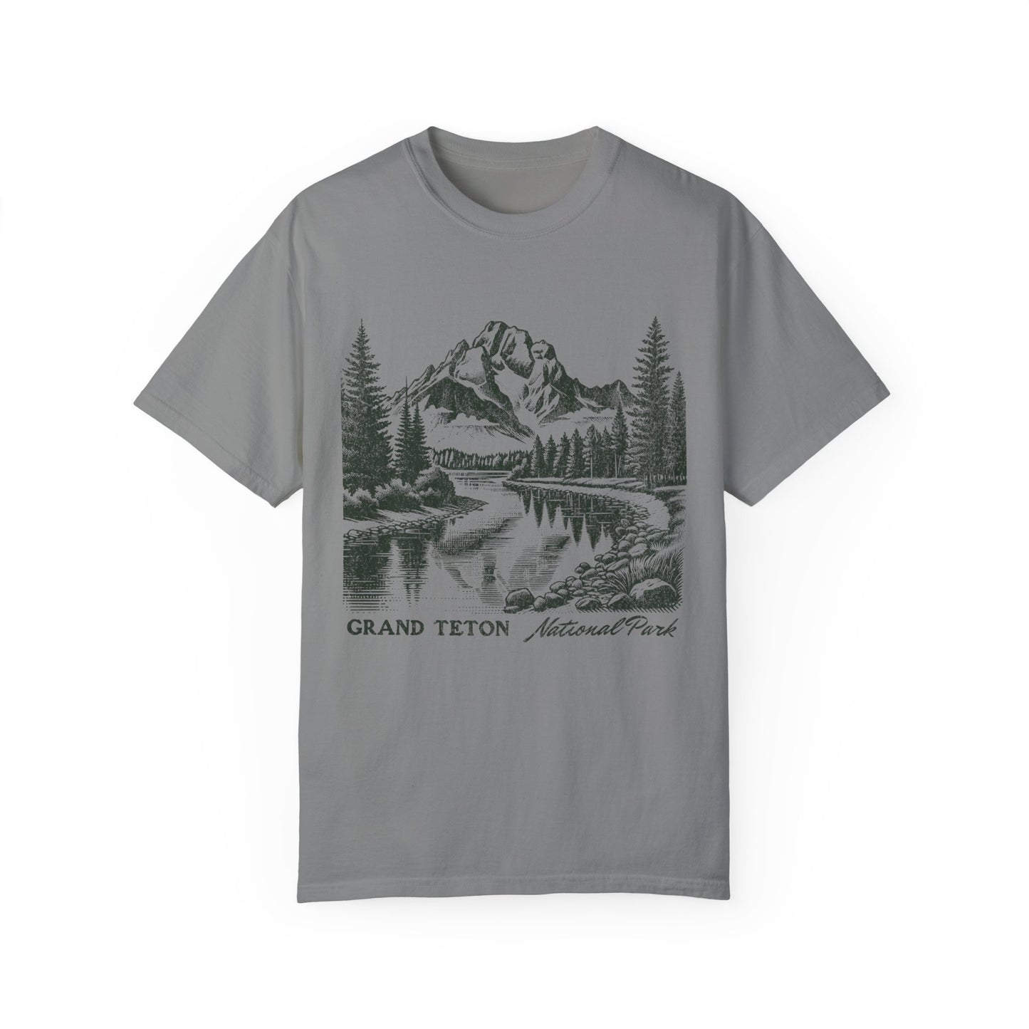 Comfort Colors Grand Teton National Park graphic t-shirt featuring a hand-drawn mountain landscape design.