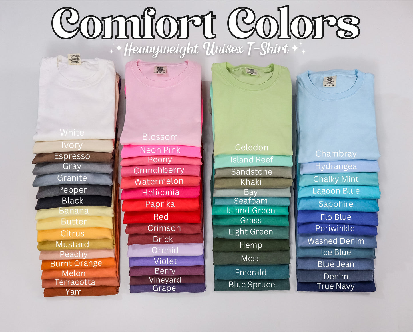 Comfort Colors color chart showing tshirts stacked labeled with their color names.