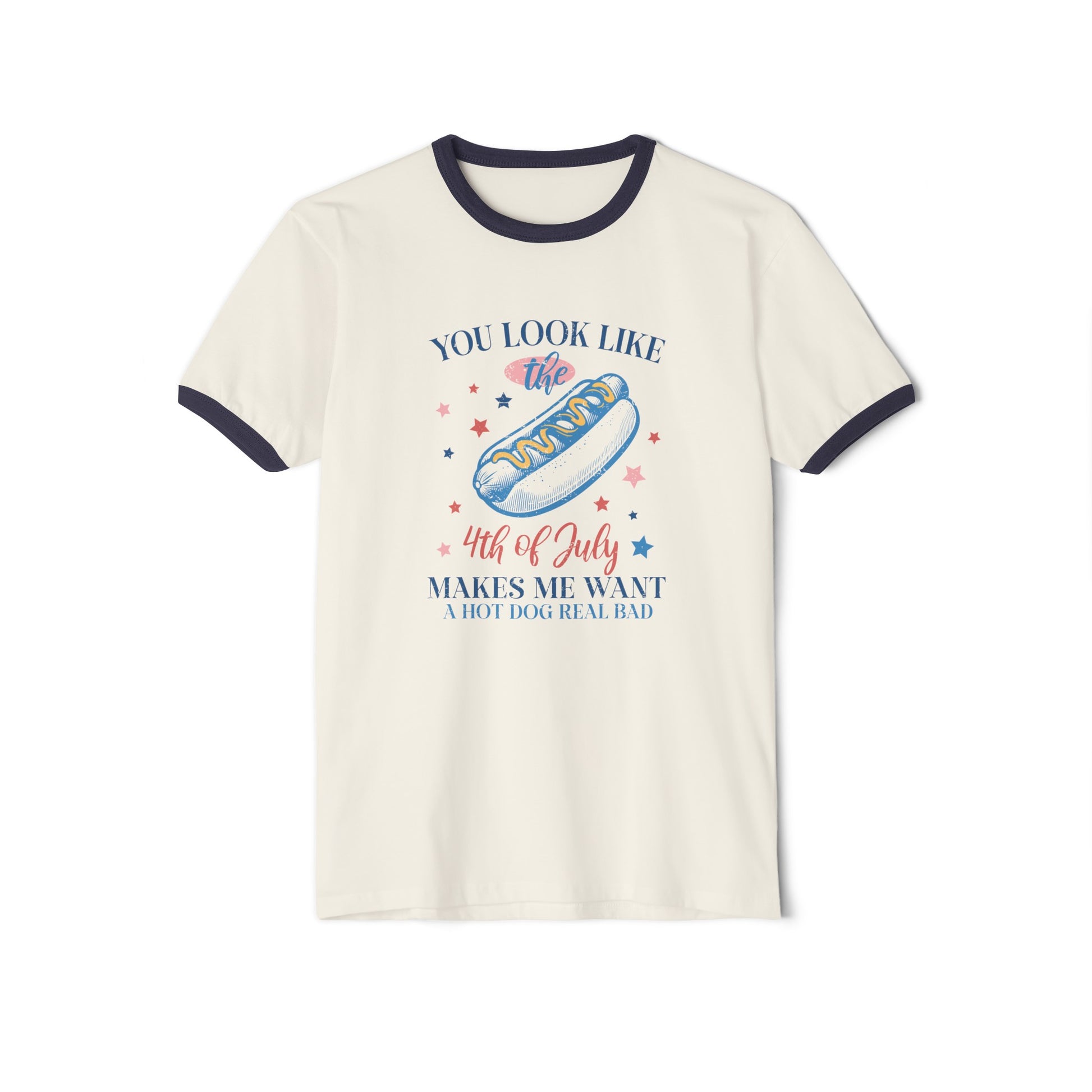 Vintage Inspired Banded Ringer Tee with Patriotic Graphic of a Hot Dog that reads You look like the 4th of July Makes me Want a Hot Dog Real Bad