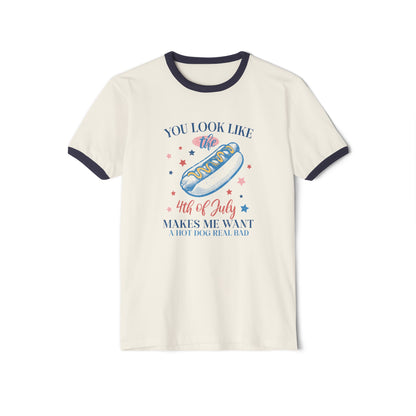 Vintage Inspired Banded Ringer Tee with Patriotic Graphic of a Hot Dog that reads You look like the 4th of July Makes me Want a Hot Dog Real Bad