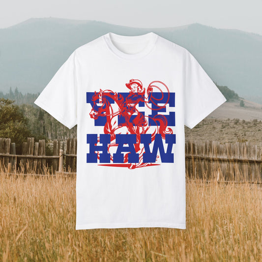 White cowgirl YEE HAW graphic t-shirt featuring red and blue Western design – unisex tee for rodeo fashion, country concerts, and Americana style.