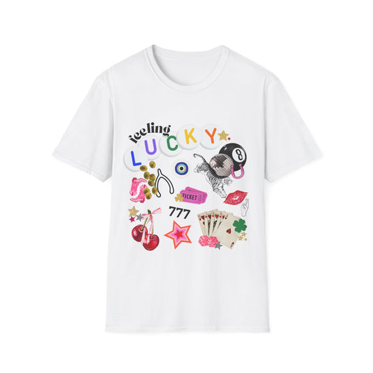 White Feeling Lucky collage graphic t-shirt with retro-inspired icons – includes 8-ball, cherries, dice, lips, tiger, and stars. Gildan 6400 tee in trendy preppy Y2K style.