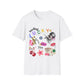 White Feeling Lucky collage graphic t-shirt with retro-inspired icons – includes 8-ball, cherries, dice, lips, tiger, and stars. Gildan 6400 tee in trendy preppy Y2K style.