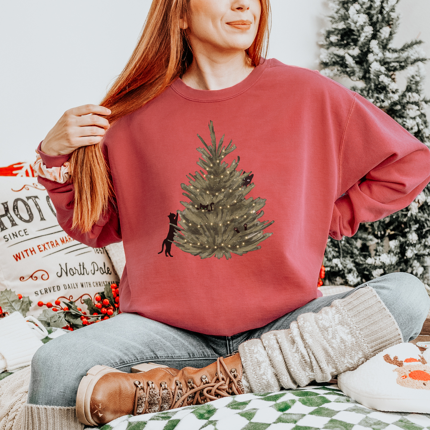 Cat Christmas Comfort Colors Sweatshirt, Minimalist Christmas Tree Cats Crewneck