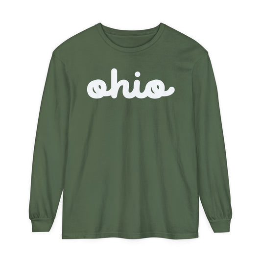 Minimalist Ohio Comfort Colors Long Sleeve Tee, Simple Script Ohio Long Sleeve Shirt