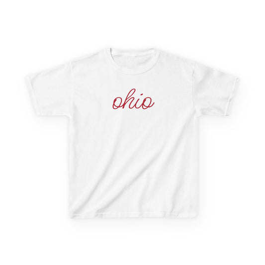 White Script Ohio baby tee crop top – minimalist gameday t-shirt for Ohio sports fans and Midwest hometown pride.