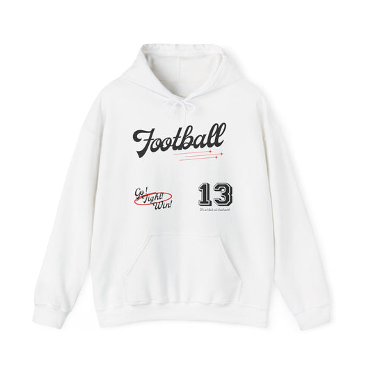 White Football Gameday hoodie with retro sports graphics – “Football” script, “Go Fight Win,” and number 13 – cozy fan sweatshirt for unisex game day style.