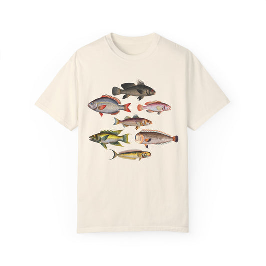 Graphic t-shirt featuring colorful vintage fish illustrations on a Comfort Colors tee, perfect for coastal and fisherman aesthetics.