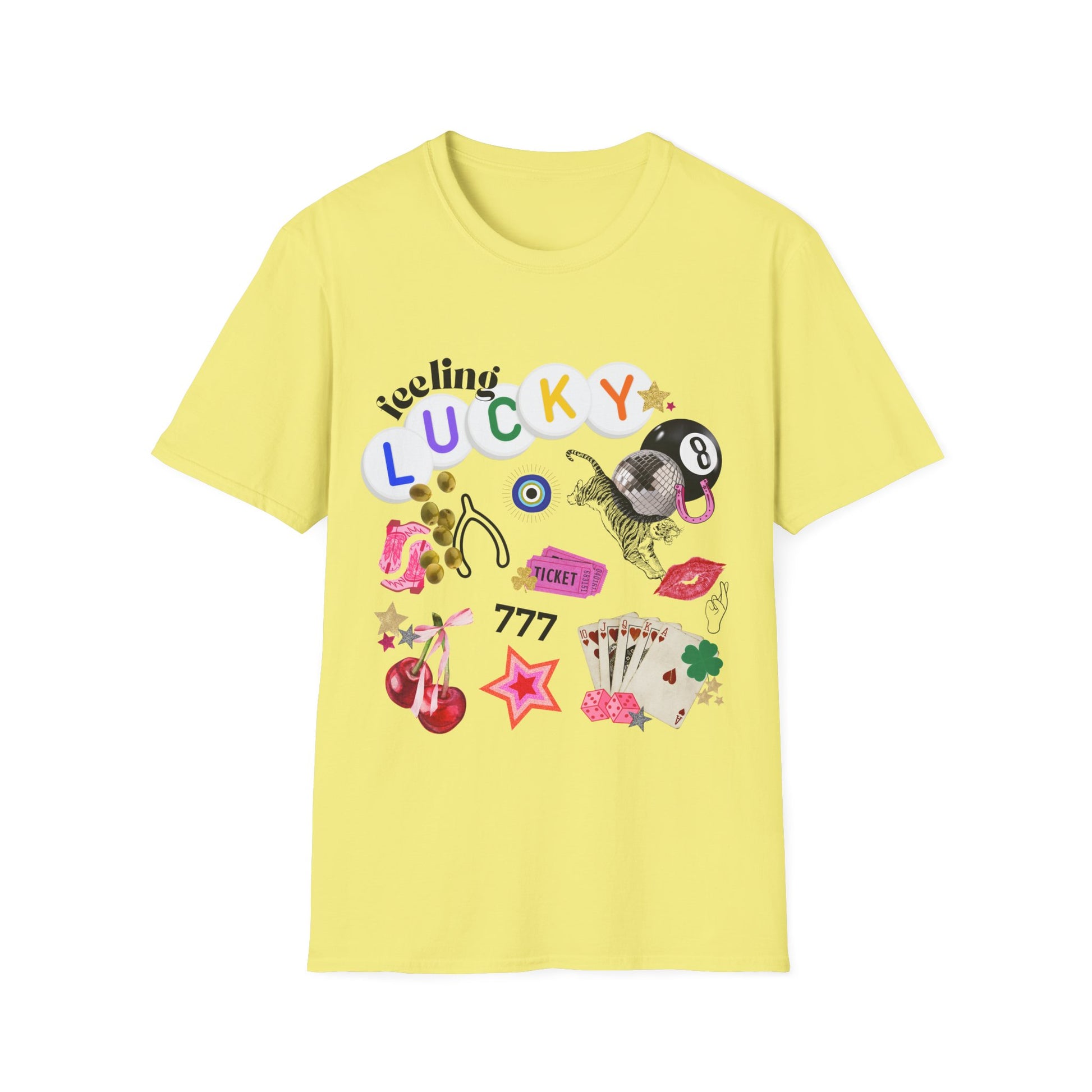 Feeling Lucky collage graphic t-shirt with retro-inspired icons – includes 8-ball, cherries, dice, lips, tiger, and stars. Gildan 6400 tee in trendy preppy Y2K style.