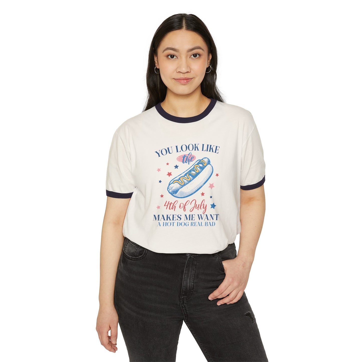 Vintage Inspired Banded Ringer Tee with Patriotic Graphic of a Hot Dog that reads You look like the 4th of July Makes me Want a Hot Dog Real Bad