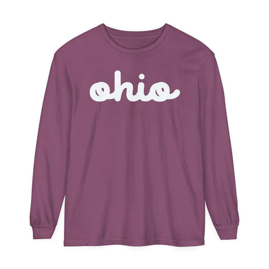 Minimalist Ohio Comfort Colors Long Sleeve Tee, Simple Script Ohio Long Sleeve Shirt