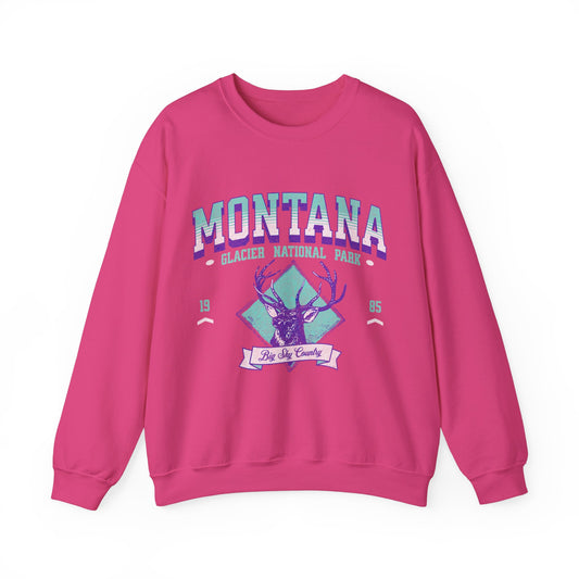 Heliconia pink Montana Glacier National Park sweatshirt with vintage deer graphic and bold lettering – 90s-inspired cozy crewneck for granola girls and park lovers.