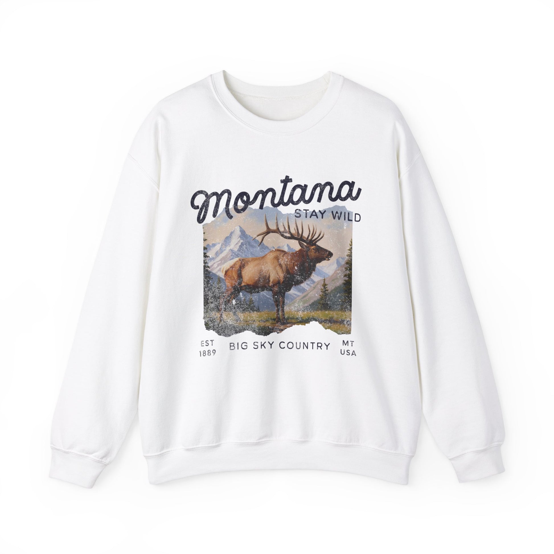 Vintage-style sweatshirt featuring a Montana elk graphic with mountain scenery and “Stay Wild” and “Big Sky Country” text.