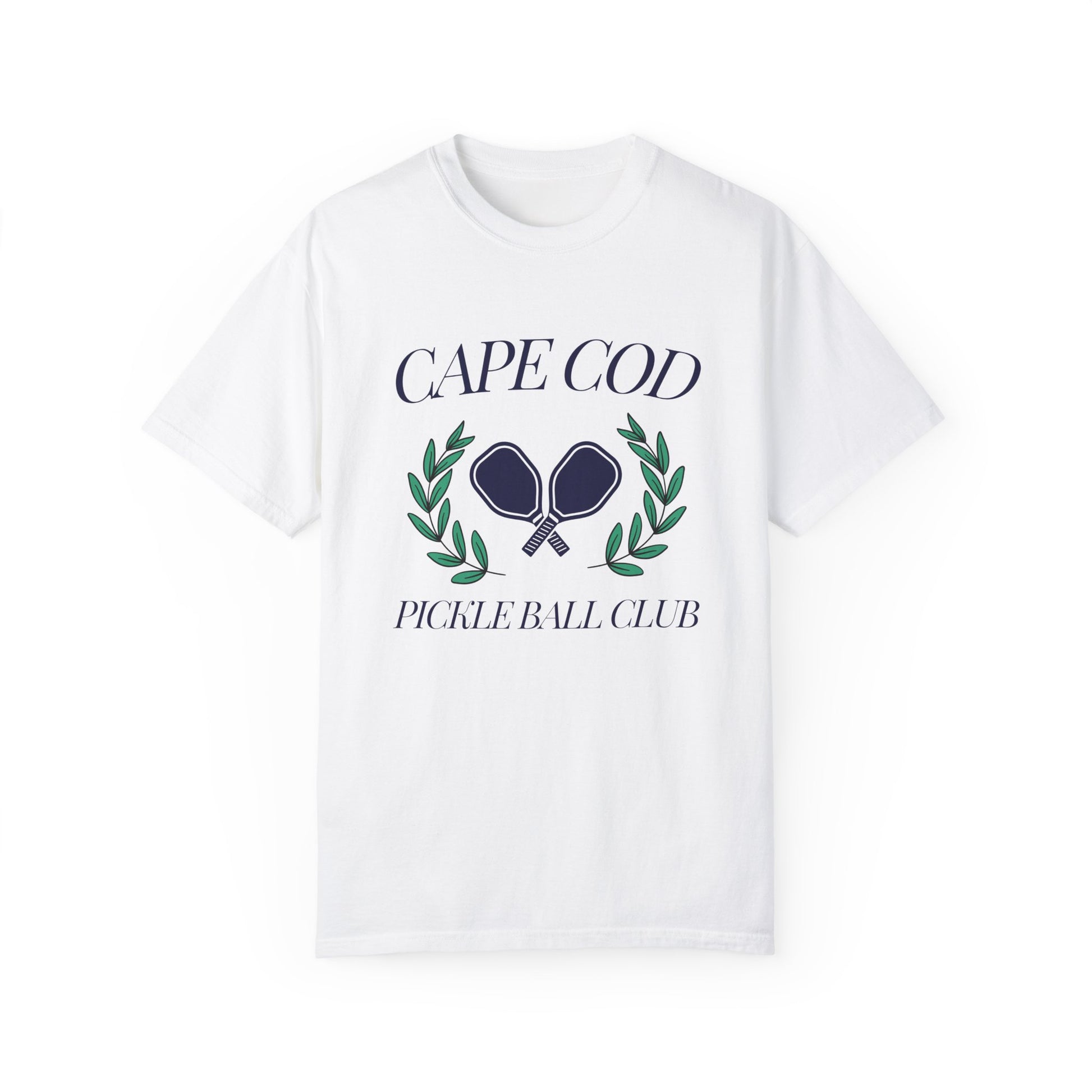Comfort Colors Cape Cod Pickleball Club t-shirt with paddle and laurel design – unisex coastal tee for pickleball enthusiasts, available S–4XL.
