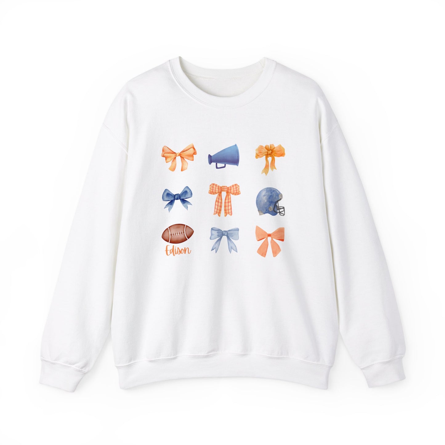 Edison Chargers Football Crewneck | Orange & Blue Watercolor Bow Sweatshirt