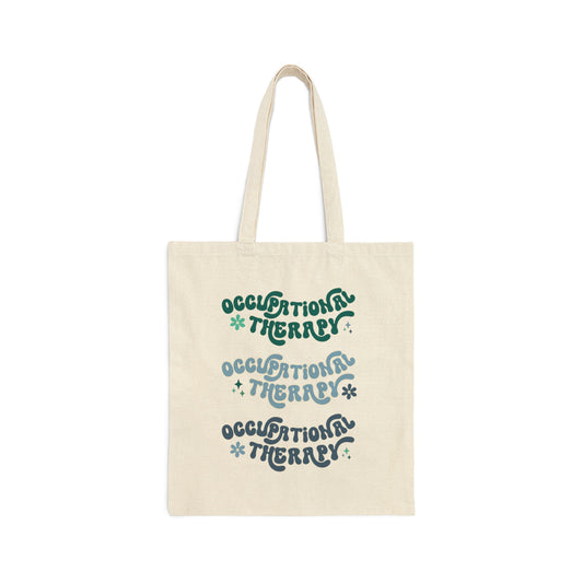 Retro Occupational Therapy Tote Bag with colorful groovy text design in green, blue, and navy on a natural canvas background