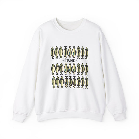 White Gildan 18000 crewneck sweatshirt with rustic green fish design and “Maine” text – outdoorsy pullover for fishermen and granola girls.