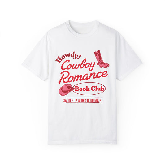 Cowboy Romance Book Club graphic tee with red western-style lettering and illustrations