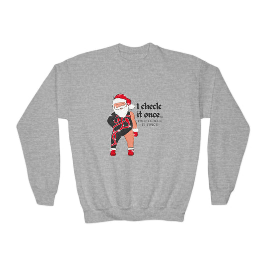 Youth Santa Reputation Crewneck Sweatshirt, Funny Check It Twice Snake Bodysuit top, Christmas, Holiday Gift Idea, Festive Clothing,