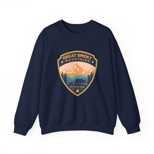 Navy Great Smoky Mountains National Park sweatshirt featuring retro badge graphic with bear and mountain scene – cozy unisex crewneck for outdoorsy and granola girl style.