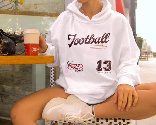 Model wearing White Football Gameday hoodie with retro sports graphics – “Football” script, “Go Fight Win,” and number 13 – cozy fan sweatshirt for unisex game day style.