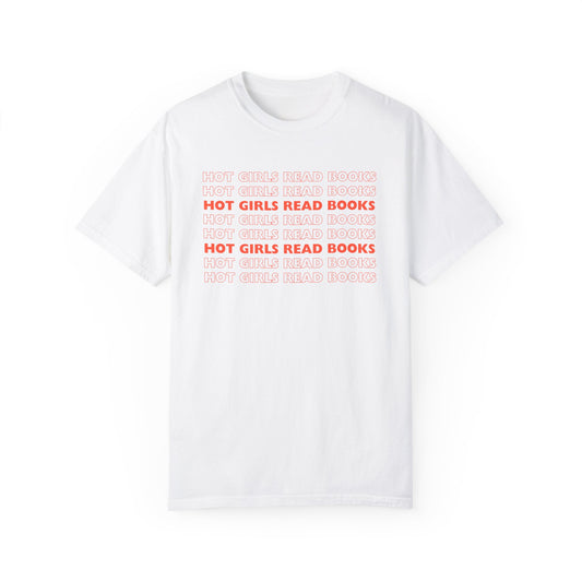 Comfort Colors tee with repeating “Hot Girls Read Books” red graphic – book lover aesthetic shirt