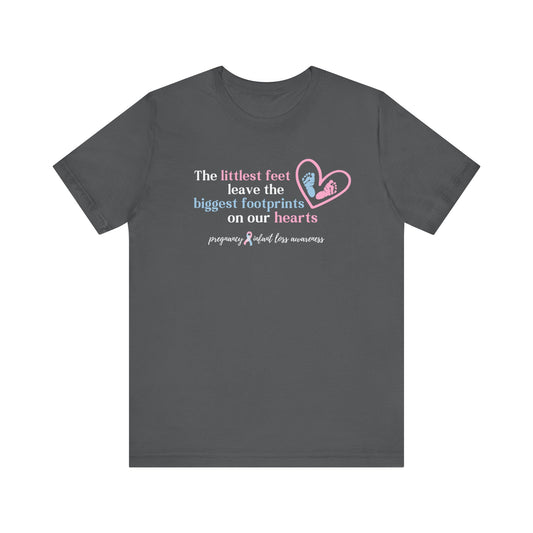 Pregnancy & Infant Loss Awareness t-shirt with a pink and blue footprint heart design and remembrance quote.