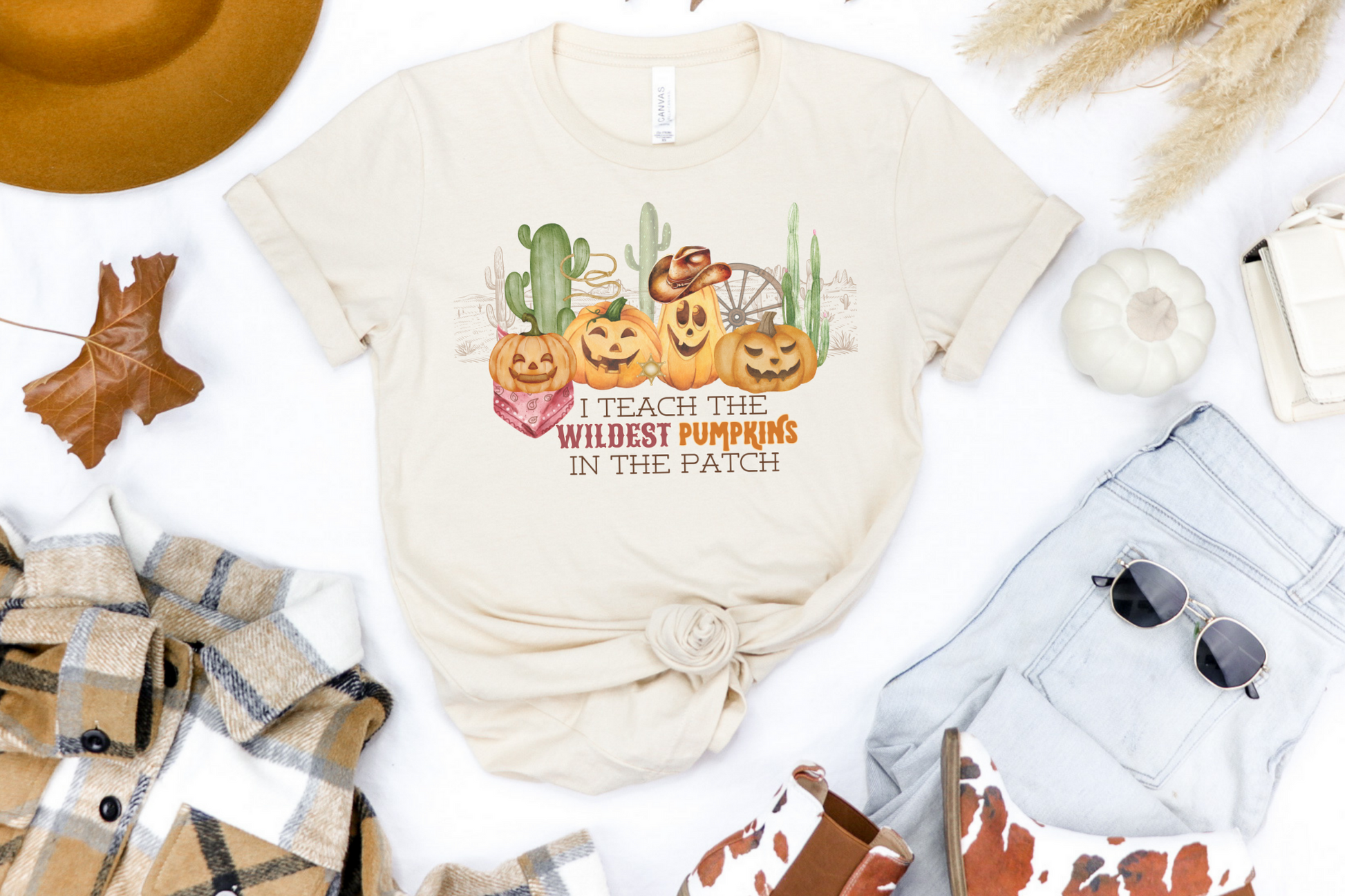 Bella Canvas 3001 Tshirt with a western halloween scene of jack o lanterns wearing western gear in the desert. The graphic reads I teach the wildest pumpkins.