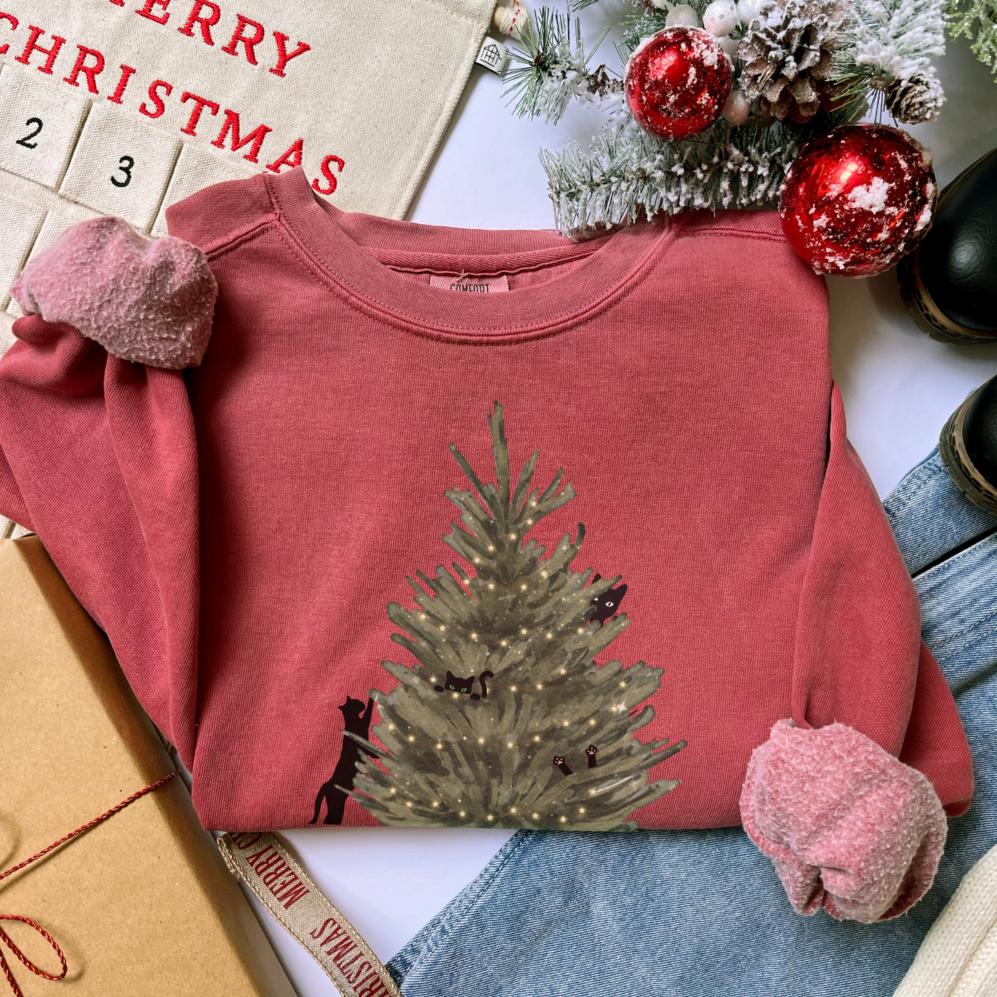 Cat Christmas Comfort Colors Sweatshirt, Minimalist Christmas Tree Cats Crewneck