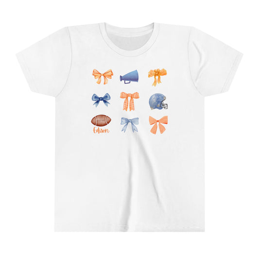 Edison Chargers Youth Bow Football Tee | Orange & Blue Coquette Preppy Bow Tshirt