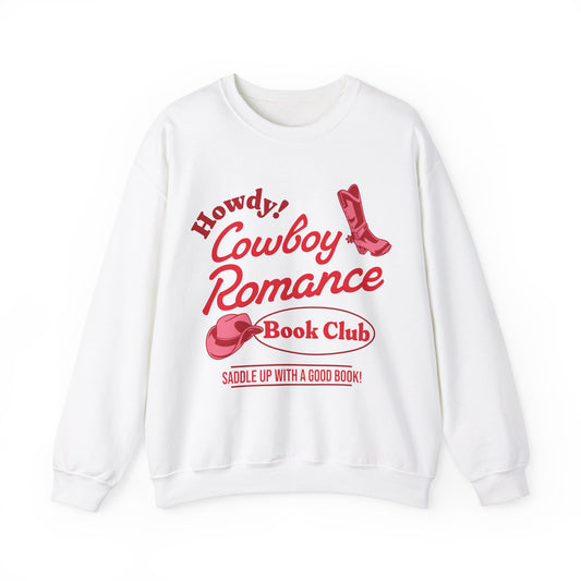Cowboy Romance Book Club sweatshirt with pink graphic text and cowboy boot illustration