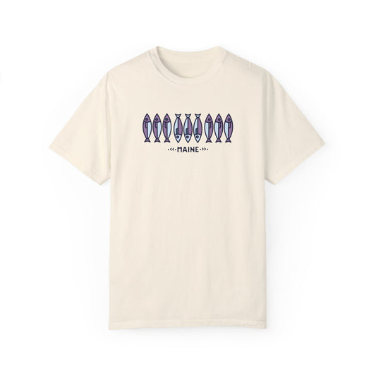 Ivory Comfort Colors t-shirt with minimalist Maine fisherman graphic featuring purple and blue fish – unisex nautical tee for coastal style and granola girl fashion.